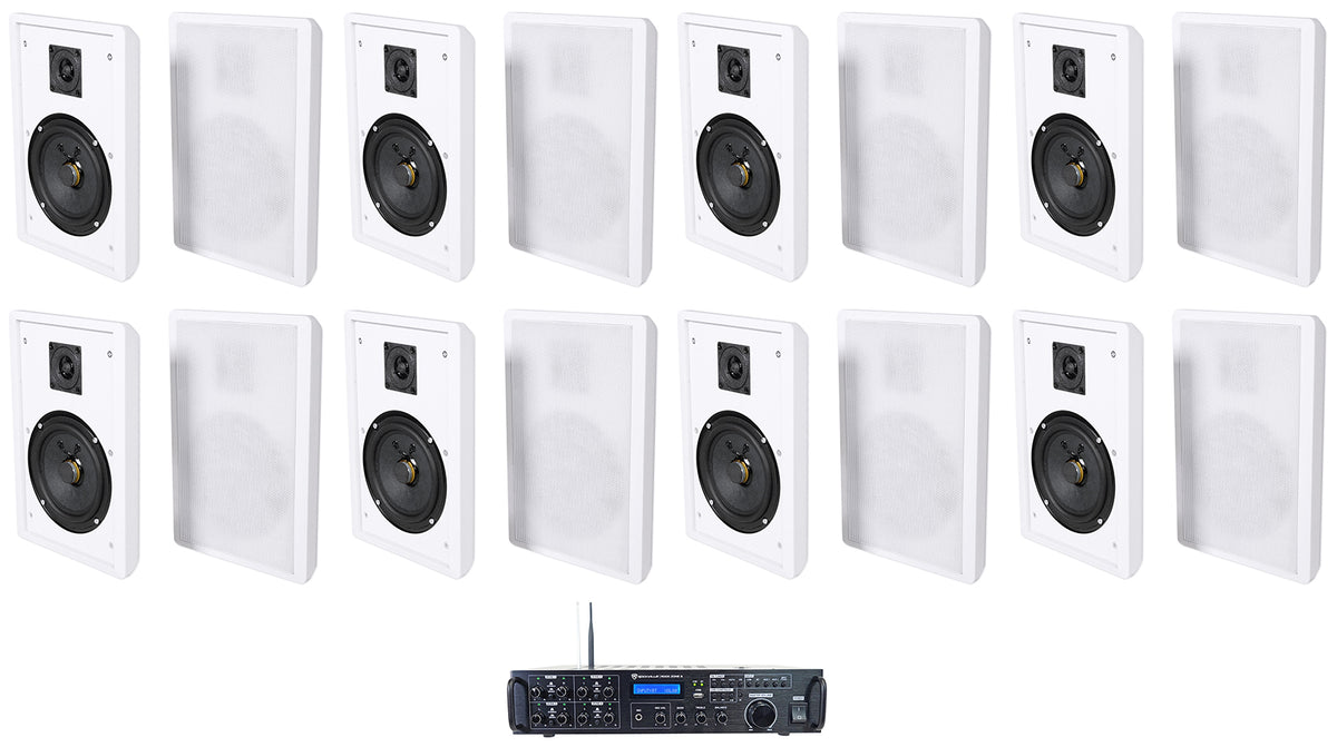 Rock Zone 8 Ch. Receiver+(16) White Slim Wall Speakers For Restaurant
