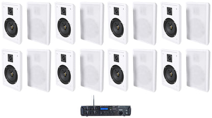 Rock Zone 8 Ch. Receiver+(16) White Slim Wall Speakers For Restaurant
