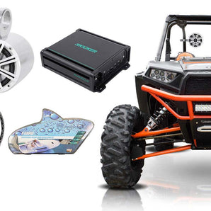 (2) KICKER KM65 6.5" 390w Silver Tower Speakers+Amp For Polaris RZR/ATV/UTV/CART