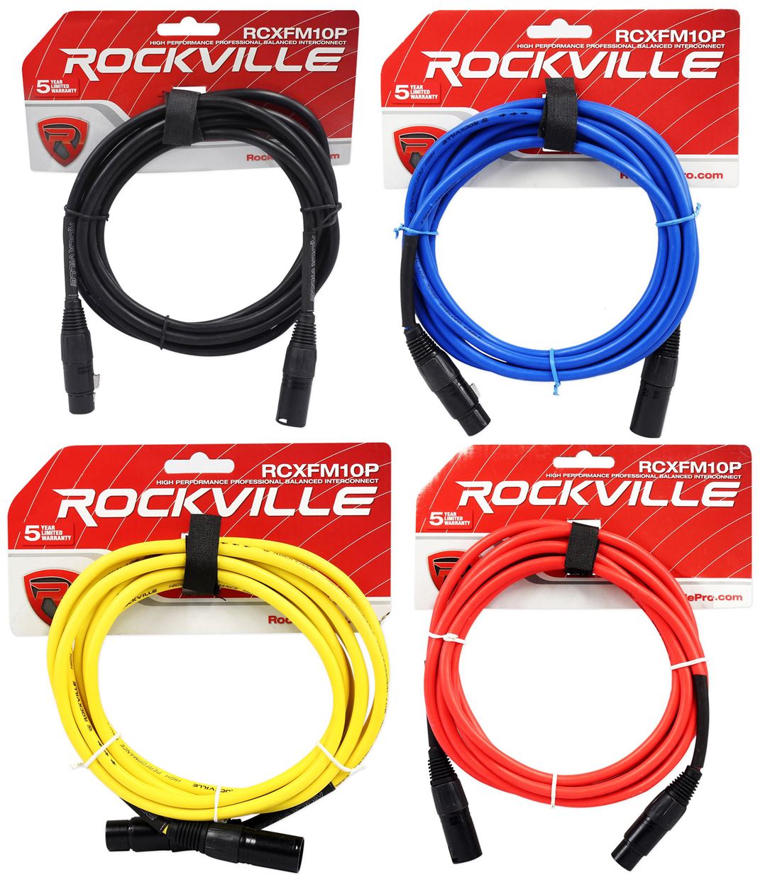 4 10' Female to Male XLR Cables 100% Copper (Black, Blue, Red, and Yellow)