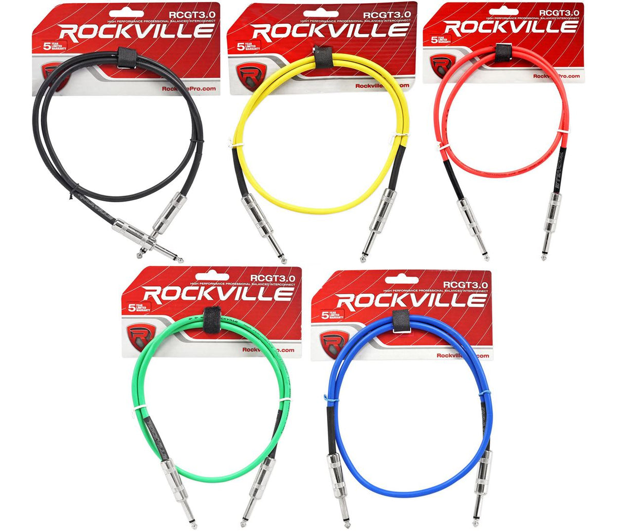 5 Rockville 3' 1/4" TS to 1/4" TS Guitar/Audio Cable (5 Colors)