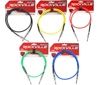 5 Rockville 3' 1/4" TS to 1/4" TS Guitar/Audio Cable (5 Colors)