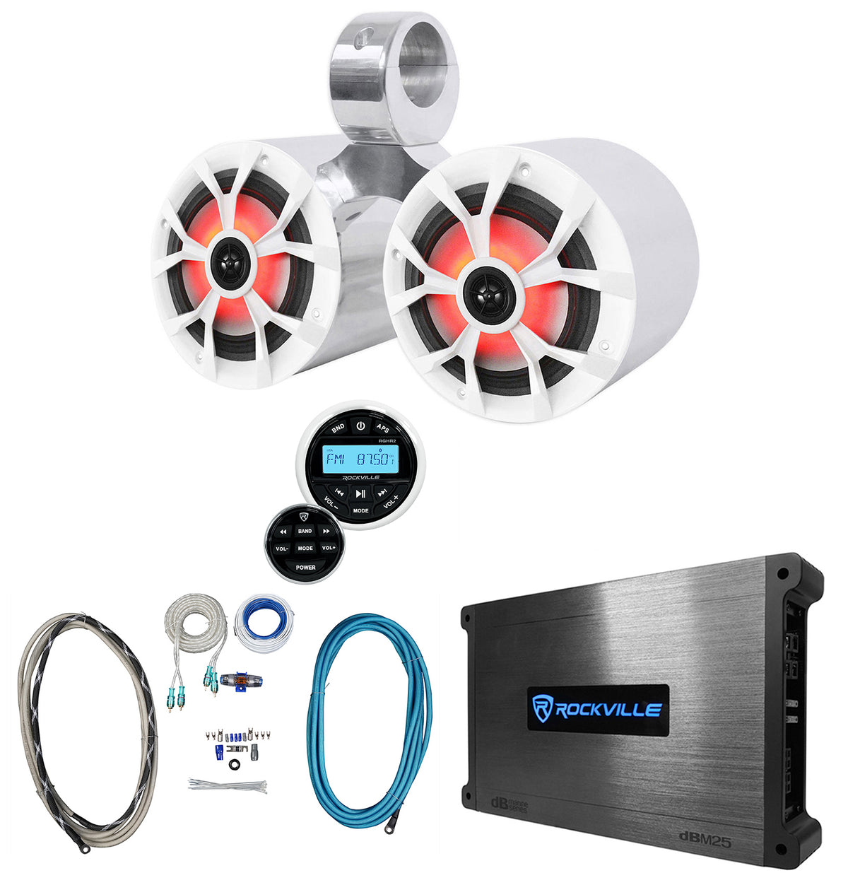 Dual 6.5" Marine Wakeboard LED Speakers+Receiver+Amplifier+Amp Kit