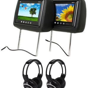 Pair Of TView T921PL 9" Black Headrest Car Video Monitors + 2 Wireless Headsets