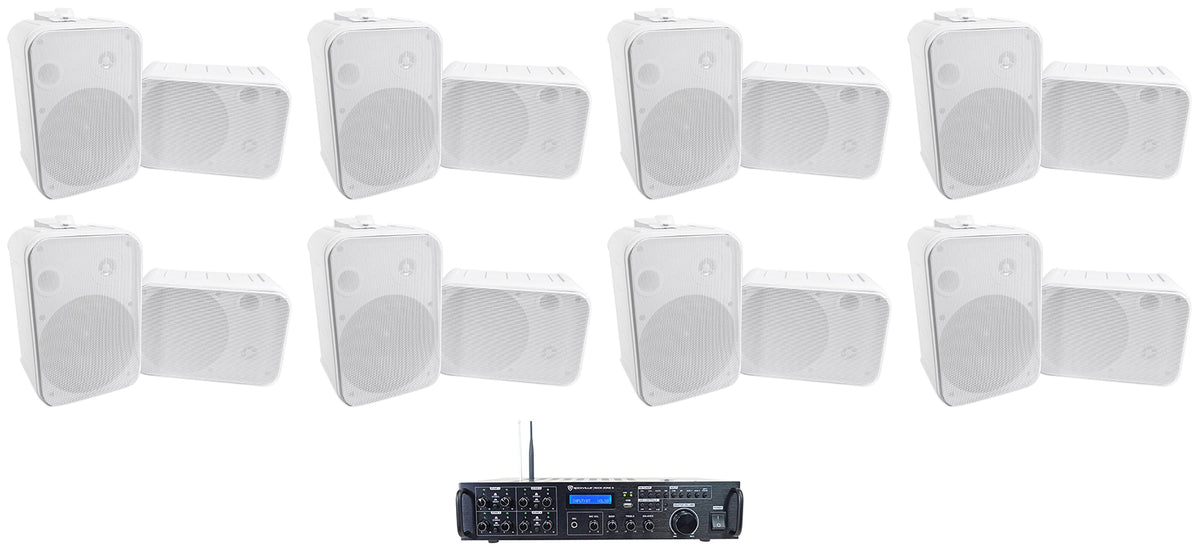 Rock Zone 8 Ch. Receiver+(16) White 6.5" Wall Speakers For Restaurant
