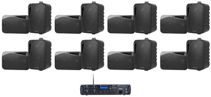Rock Zone 8 Ch. Receiver+16) Black 4" Wall Speakers For Restaurant/Bar