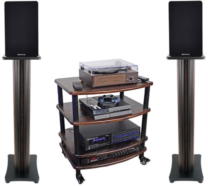 RockShelf 68D Dark Wood 6.5" Bookshelf Speakers+36" Stands+Rack
