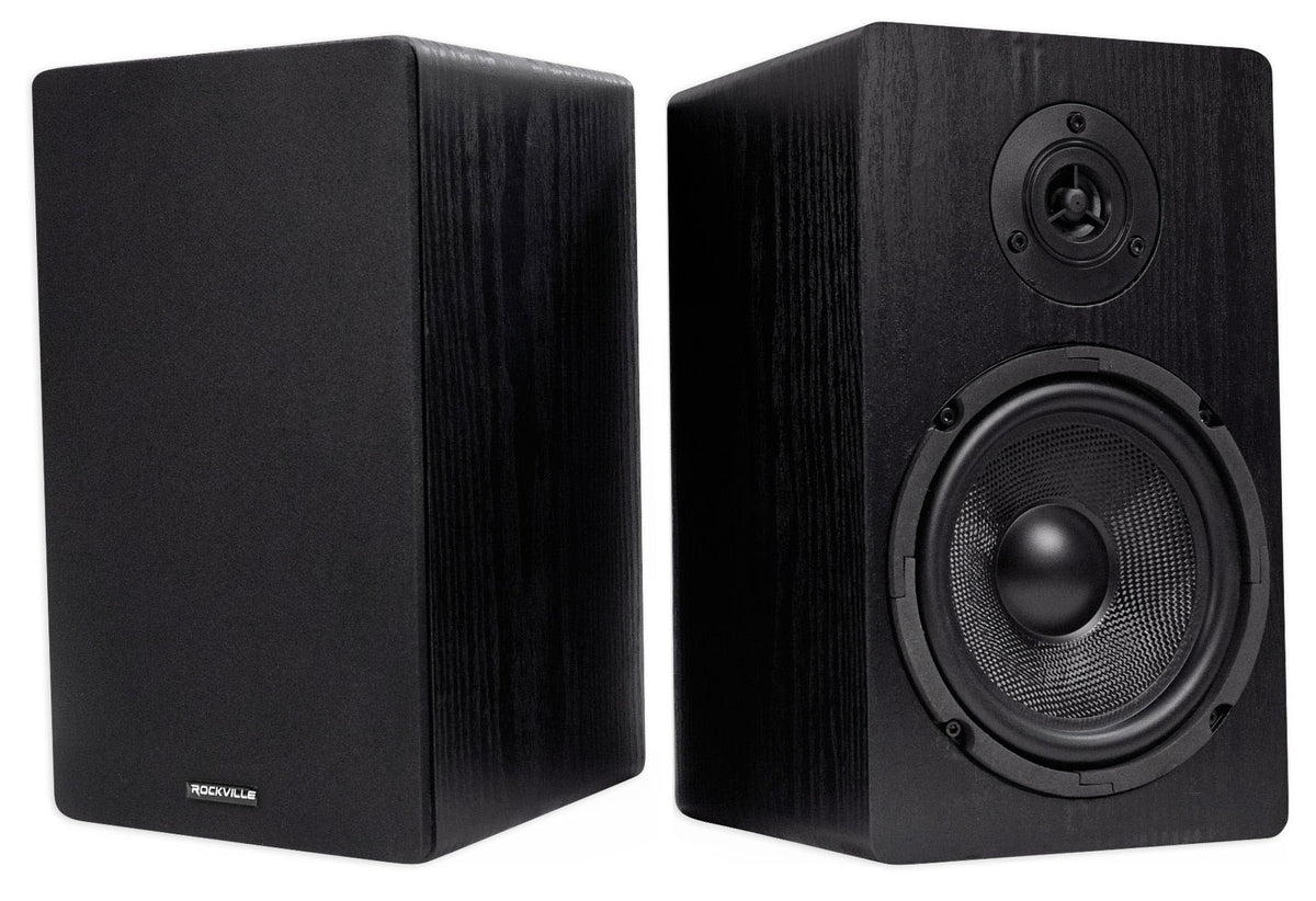 RockShelf 64B Black 6.5" Home Bookshelf Speakers+8 inch Wood Stands