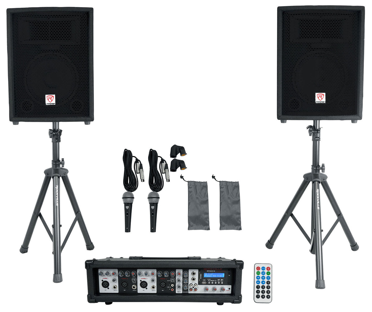 Rockville RPG2X10 Package PA System Mixer/ Amp+10 inch Speakers+Stands+Mics+ Bluetooth