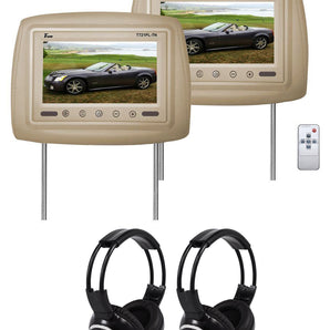 Pair of Tview T721PL 7" Beige/Tan Car Headrest Monitors + 2 Wireless Headsets