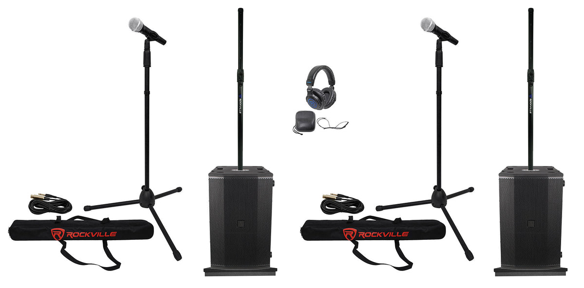 (2) Imperio SUB210 Dual 10" DJ PA Subwoofers w/ Stands, Mics + Headphones