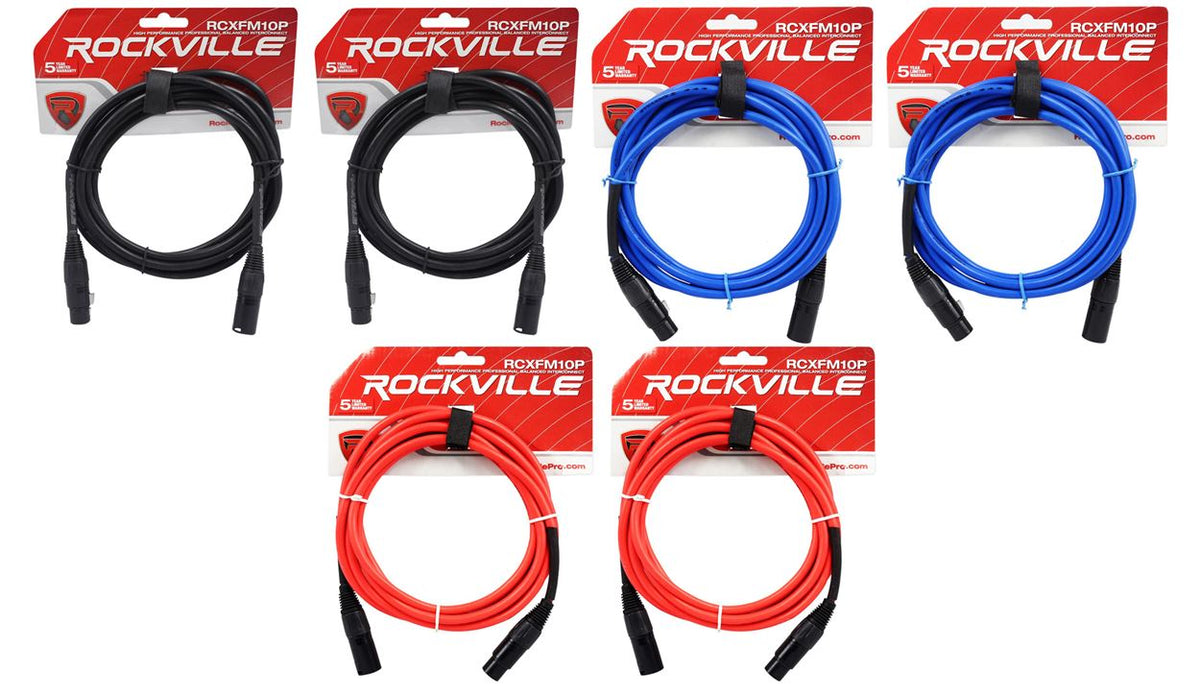 6-Pack 10' Female to Male REAN XLR Mic Cables (3 Colors x 2)