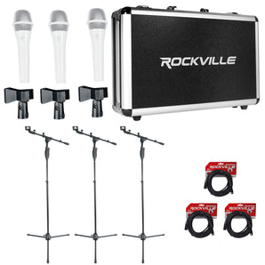 Rockville (3) White Microphones Mics+Case+Stands+Cables For Church Sound Systems