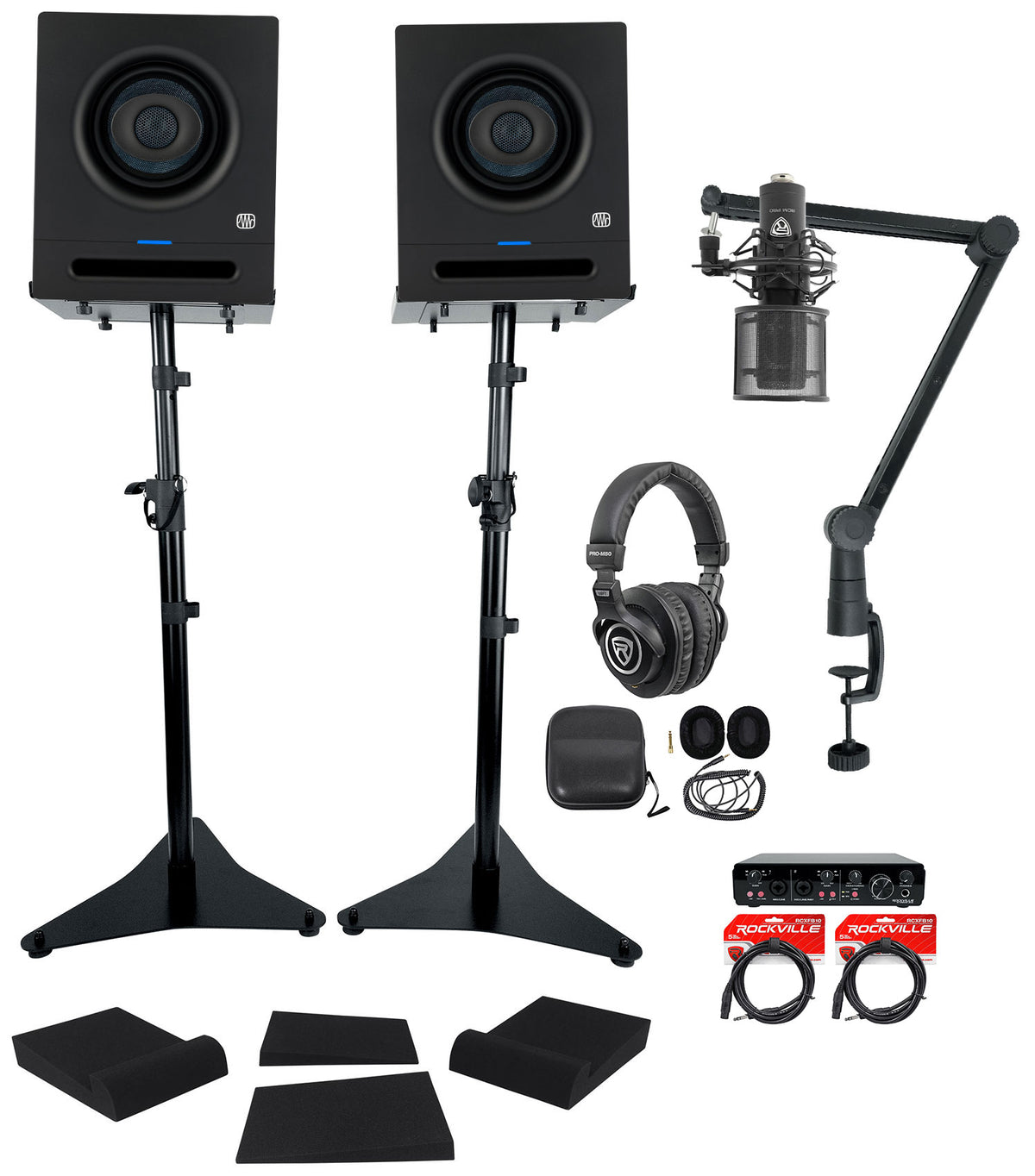 (2) Eris Pro 4 Monitors + Interface + Stands + Mic + Headphones + Boom Arm