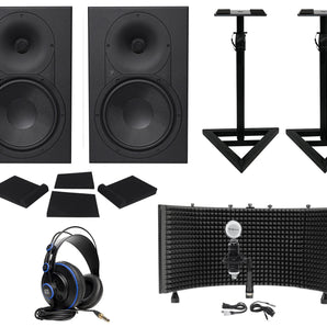 (2) Mackie XR824 8" Powered Studio Monitors+Stands+Pads+Mic+Shield+Headphones