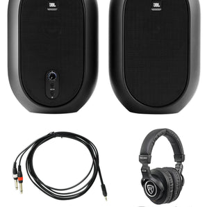 2 JBL One Series 104 Desktop Studio Reference Monitor Speakers+Headphones+Cables