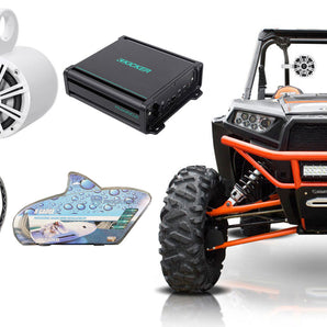 (2) KICKER KM65 6.5" 390w White Tower Speakers+Amp For Polaris RZR/ATV/UTV/CART