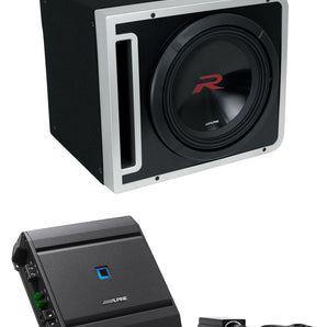 Alpine R2-SB12V 12" Loaded Subwoofer Box w/ R2-W12D4 Sub+S-A60M Amp+Bass Knob