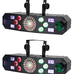 (2) Eliminator FURIOUS FIVE RG RGBW+UV LED DMX Laser/Strobe/Derby Effect Lights