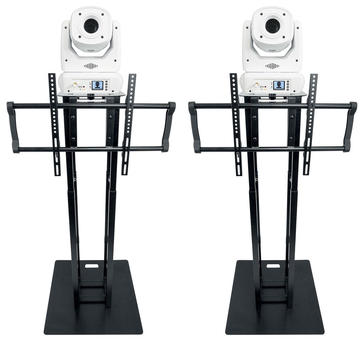 (2) ROCK SPOT 260W WHITE Moving Head Lights + Black Totem/TV Stands