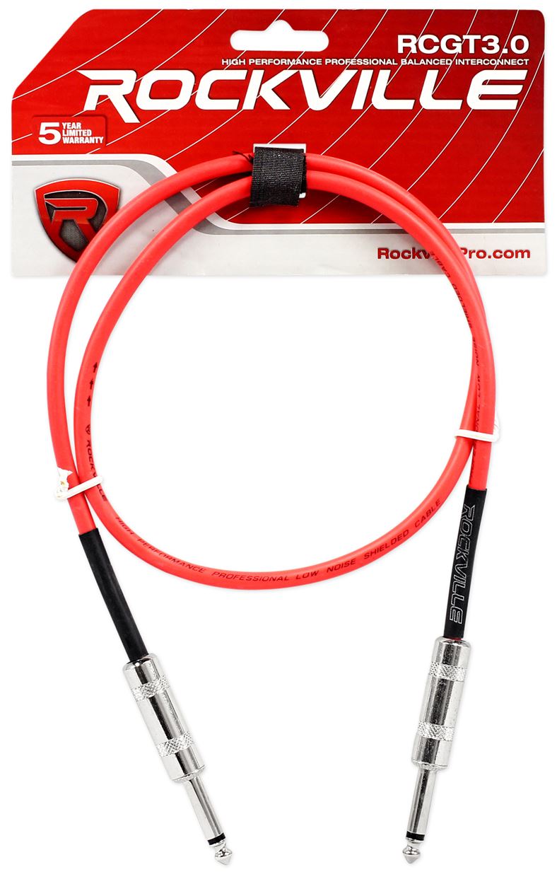 5 Rockville 3' 1/4" TS to 1/4" TS Guitar/Audio Cable (5 Colors)