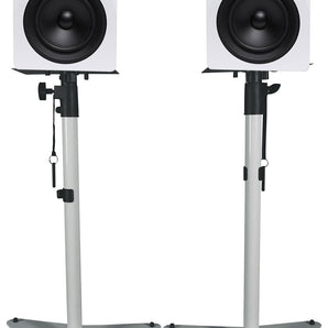 Pair of Rockville DPM5W 5.25 inch Powered Studio Monitor Speakers and White Adjustable Stands