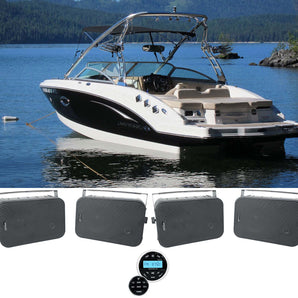 Rockville RGHR2 Marine Gauge Boat Receiver w Bluetooth USB+(4) 6.5" Black Box Speakers