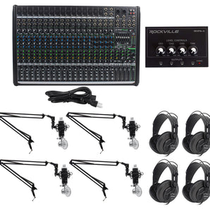 Podcast Podcasting Bundle: Mackie 22-Ch Mixer+4) Mics+4) Samson Headphones+Booms