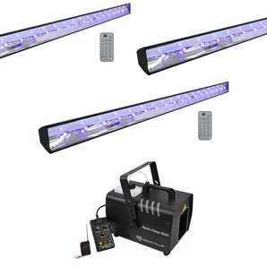 (3) American DJ ECO BAR UV DMX Ultraviolet LED Bar Black Lights w/Remotes+Hazer