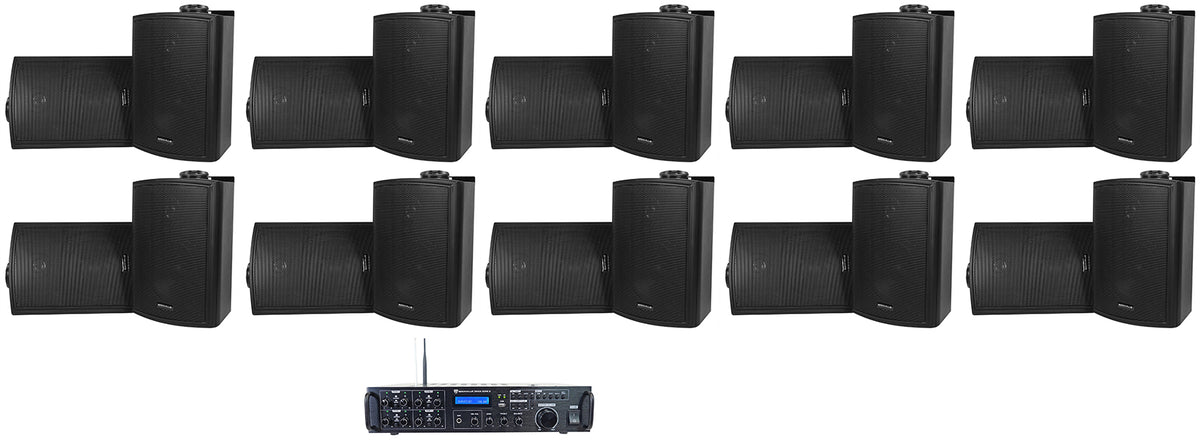 Rock Zone 8 Ch. Receiver+(16) Black 5.25" Wall Speakers For Restaurant