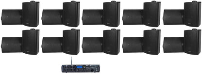 Rock Zone 8 Ch. Receiver+(16) Black 5.25" Wall Speakers For Restaurant