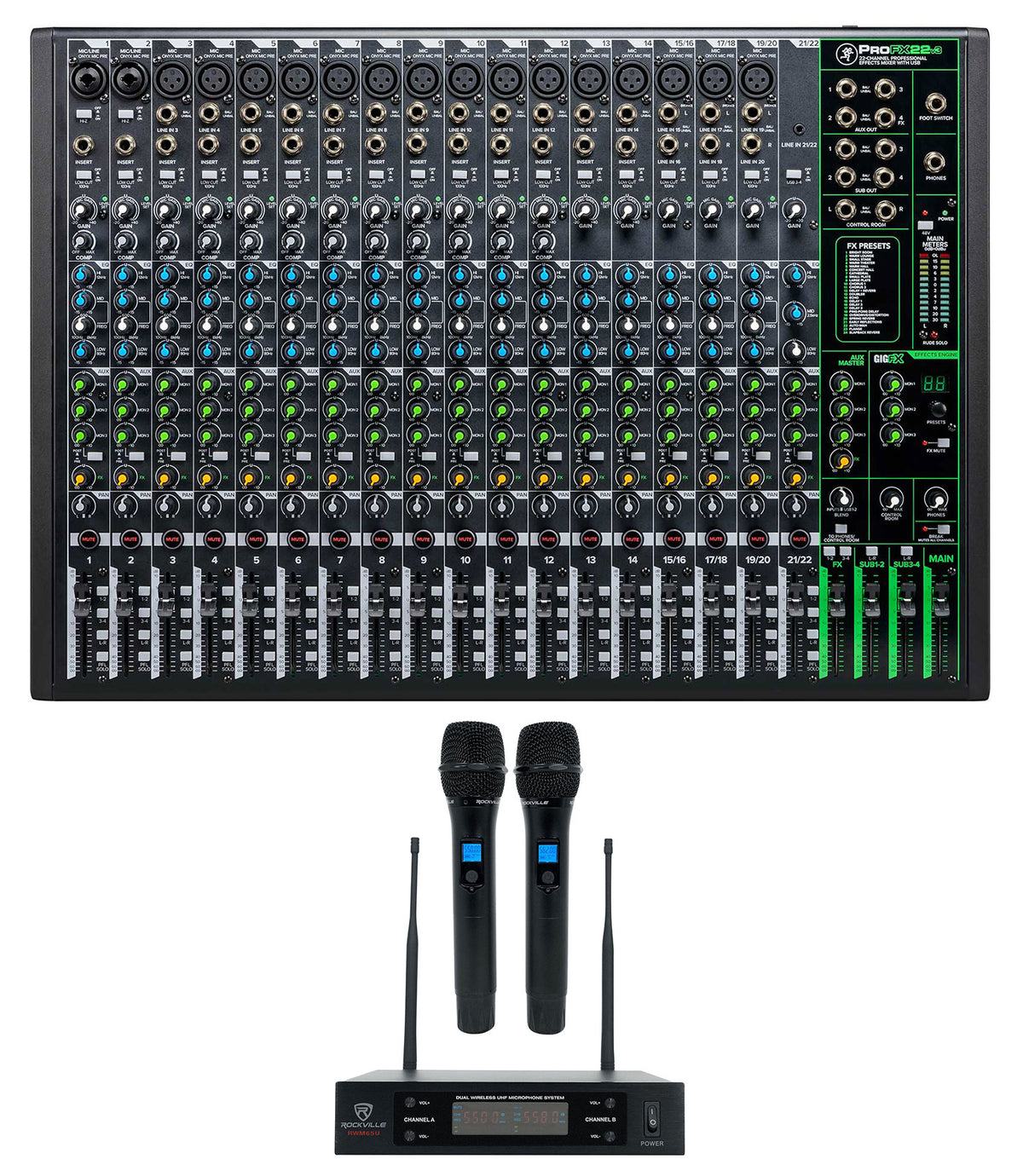 ProFX22v3 22-Channel 4-Bus Effects Mixer w/USB + Wireless Mics