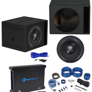 Rockville W12K6D4 V2 12" 2400w Subwoofer and Vented Sub Box+Mono Amplifier+Amp Kit