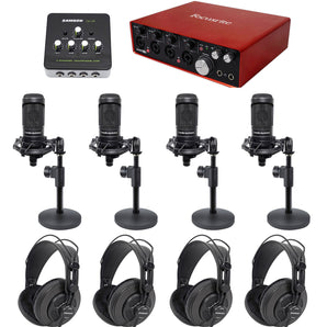 Podcasting Podcast Bundle w/ (4) Audio Technica Mics+Headphones+Weighted Stands