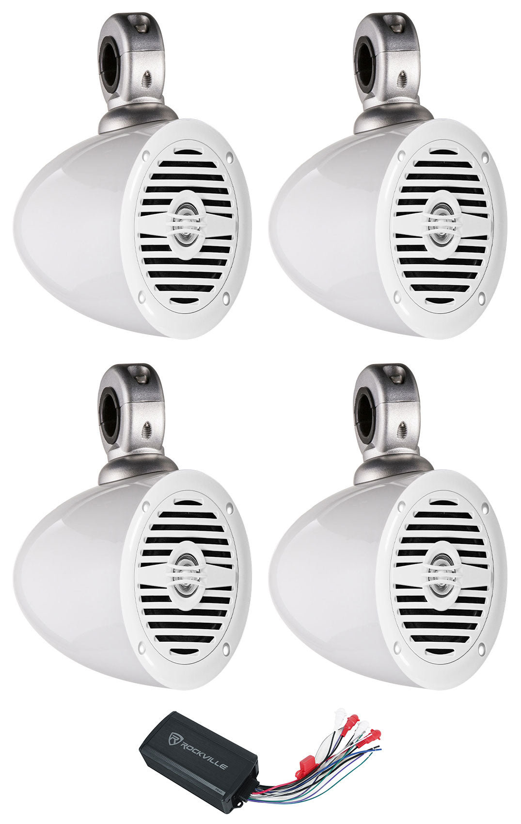 (4) MS40W White 4" Speakers + Marine Tower Enclosures + Bluetooth Amp