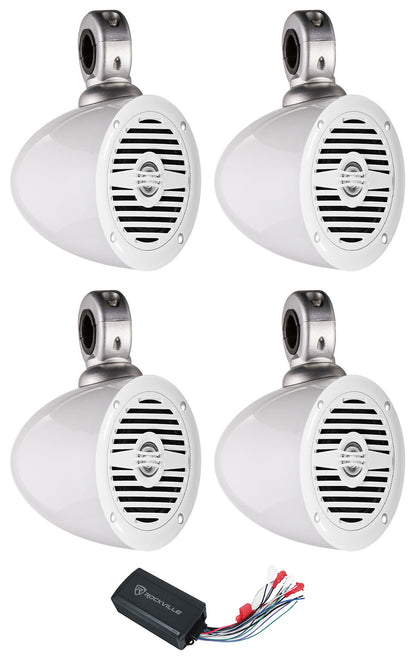 (4) MS40W White 4" Speakers + Marine Tower Enclosures + Bluetooth Amp