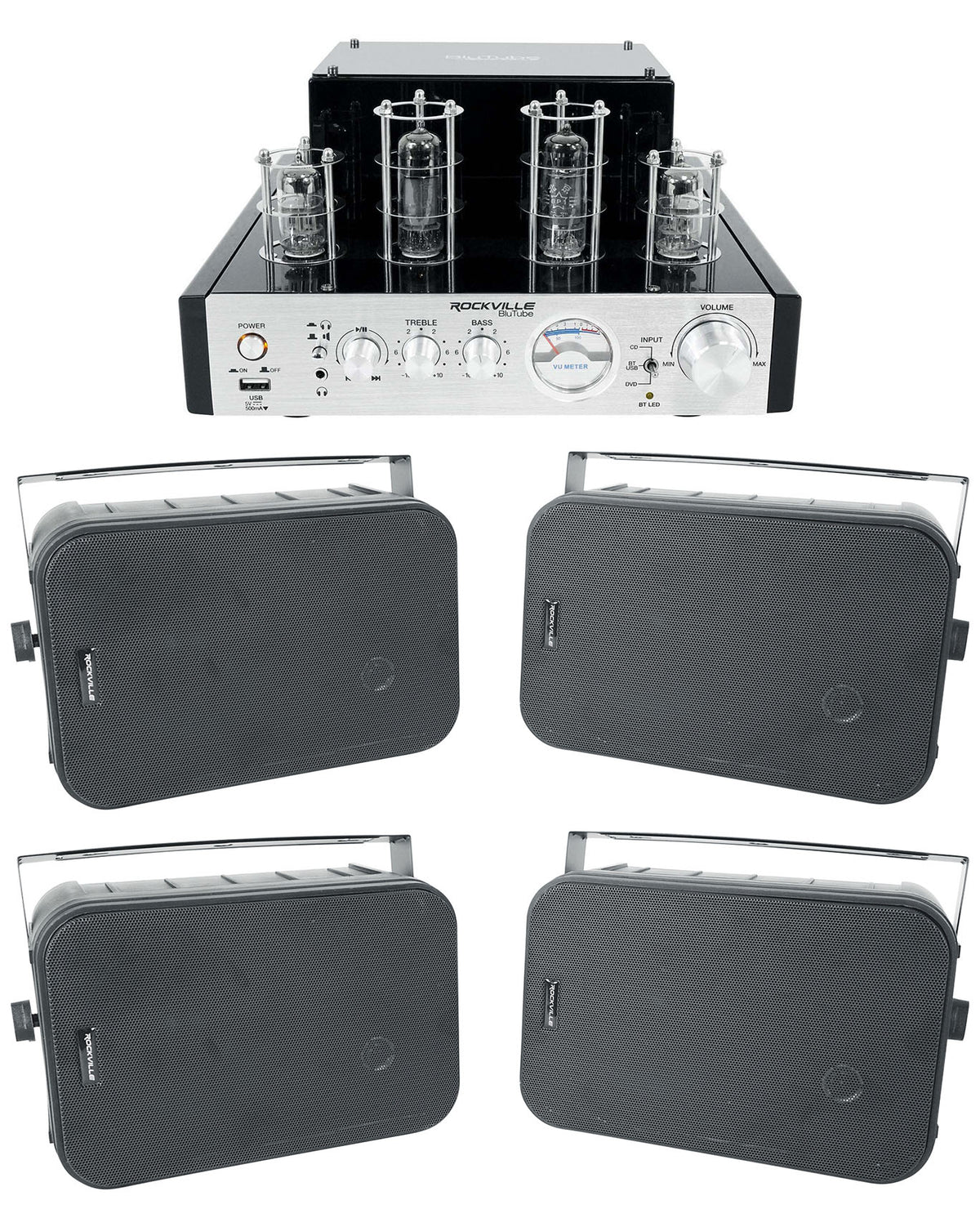 BluTube Tube Amplifier/Home Theater Bluetooth Receiver + (4) 6.5" Black Speakers