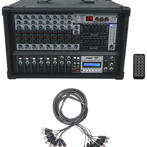 Rockville RPM109 12 Channel 4800w Powered Mixer , 7 Band EQ+8-Ch Snake Cable