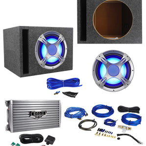 NYC Acoustics NC12S4 1600w 12" LED Subwoofer+Vented Sub Box+Boss Amplifier+Wires