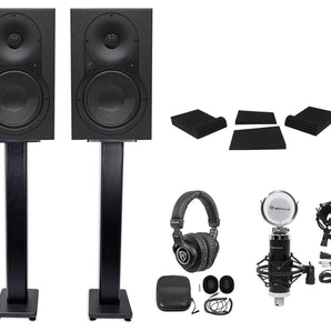 (2) Mackie XR624 6.5" Powered Studio Monitors+Stands+Pads+Headphones+Mic+Mount