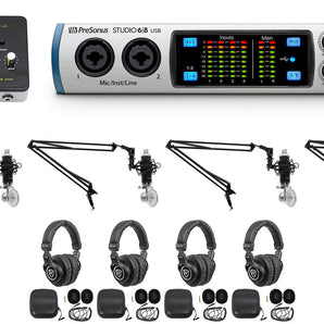 Presonus Podcast Podcasting Bundle w/Interface+4) Mics+Headphones+Boom Arms