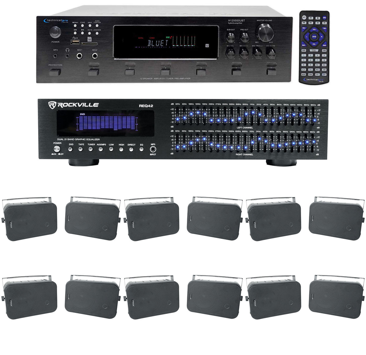 6000W 6-Zone Home Theater Bluetooth Receiver + (12) 6.5" Black Speakers + EQ