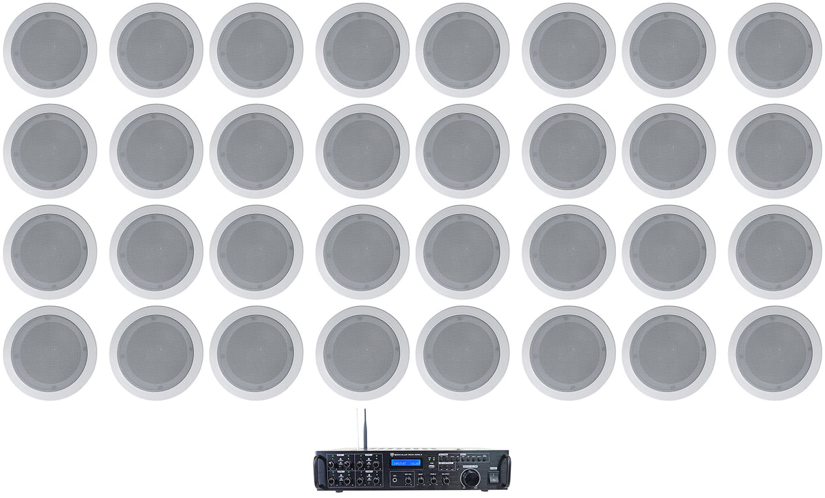 Rock Zone 8 Ch. Amplifier+(32) 5.25" White Ceiling Speakers For Hotel