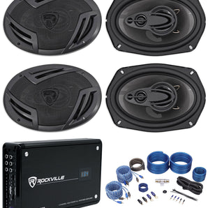 (4) Rockville RV69.4A 6x9" 4-Way Car Speakers+4-Channel Amplifier w/Volt Meter