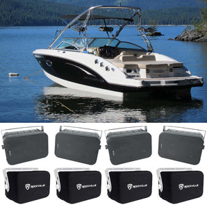 (4) Rockville HP65S-8 6.5" Black Marine Box Speakers+Swivel Brackets+Covers For Boats