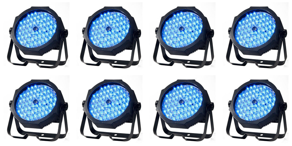 (8) Mega Go Par 64E RGB+UV DMX Par Can Stage Wash Lights