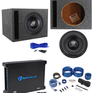 Rockville W10K6D4 V2 10" 2000w Subwoofer+Vented Sub Box+Mono Amplifier+Amp Kit