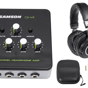 SAMSON QH4 4-Ch Stereo DJ Monitoring Headphone Amplifier Amp+Studio Headphones