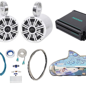 (2) KICKER KM65 6.5" 390w Silver Marine Wakeboard Tower Speakers+Amplifier+Wires