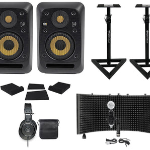(2) KRK V4S4-NA 4" Powered Studio Monitors+Stands+Pads+Headphones+Mic+Shield
